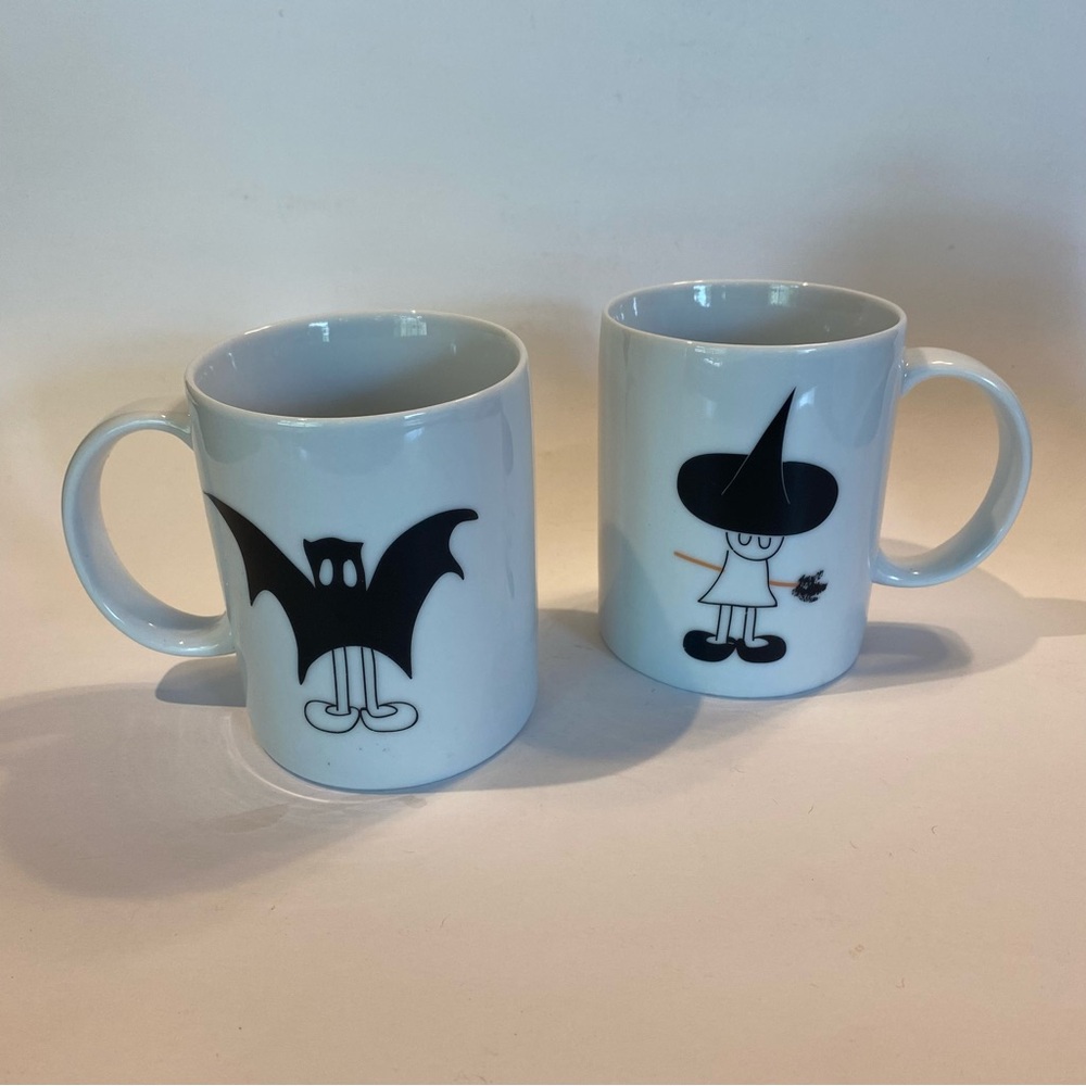 BIA Halloween Mugs Cups Witch With Broom 
& Bat Whimsical Cute Set of Two